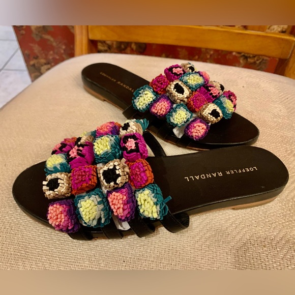 Loeffler Randall Shoes - Loeffler Randall Layla Pom Pom leather slide sandals black/multicolored Sz 6.5B